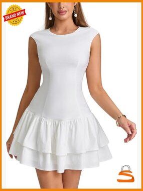 Women's Graduation Mini Dress Cap Sleeve Ruffle Hem A-Line Flowy Summer Dress